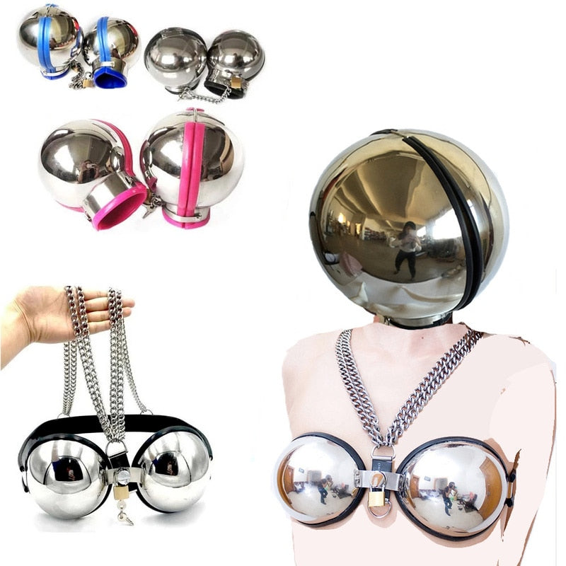 Stainless Steel Bondage Ball Head Covering, Cuffs and Bra Set