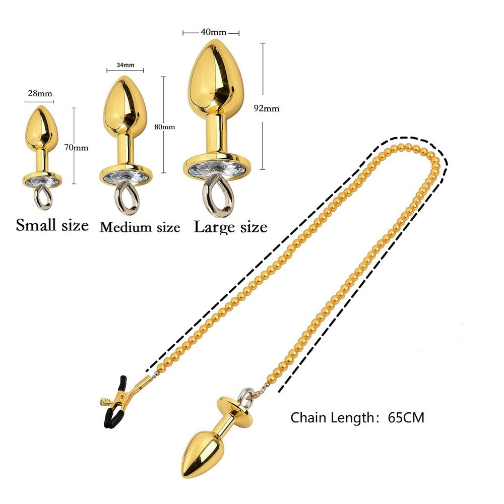 Butt Plug with Nipple Clamp Chains - Colour and Size Variety