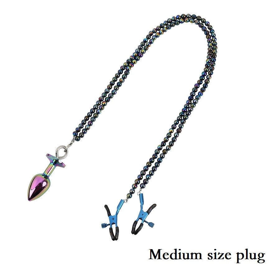 Butt Plug with Nipple Clamp Chains - Colour and Size Variety