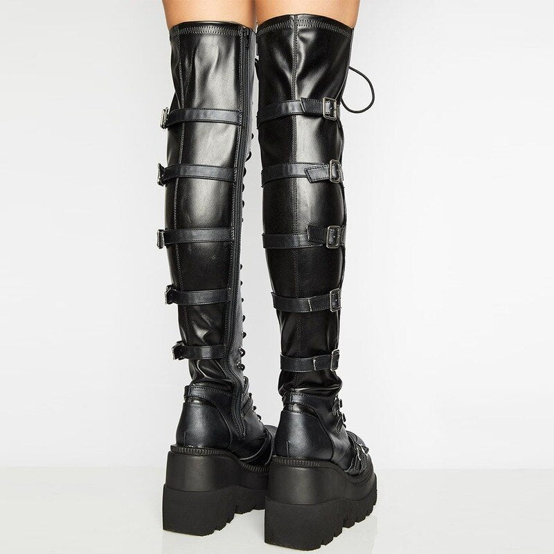 High Platform Buckle and Lace Thigh High Boots