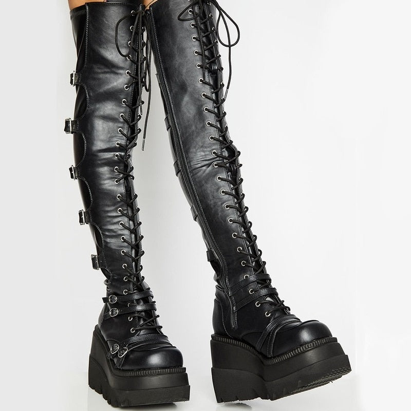 High Platform Buckle and Lace Thigh High Boots