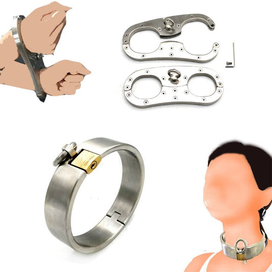 Solid Heavy Duty Stainless Steel Handcuffs and Collar Set