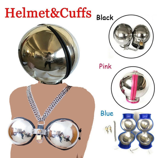 Stainless Steel Bondage Ball Head Covering, Cuffs and Bra Set