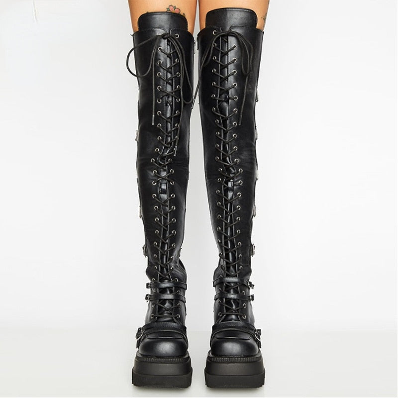 High Platform Buckle and Lace Thigh High Boots